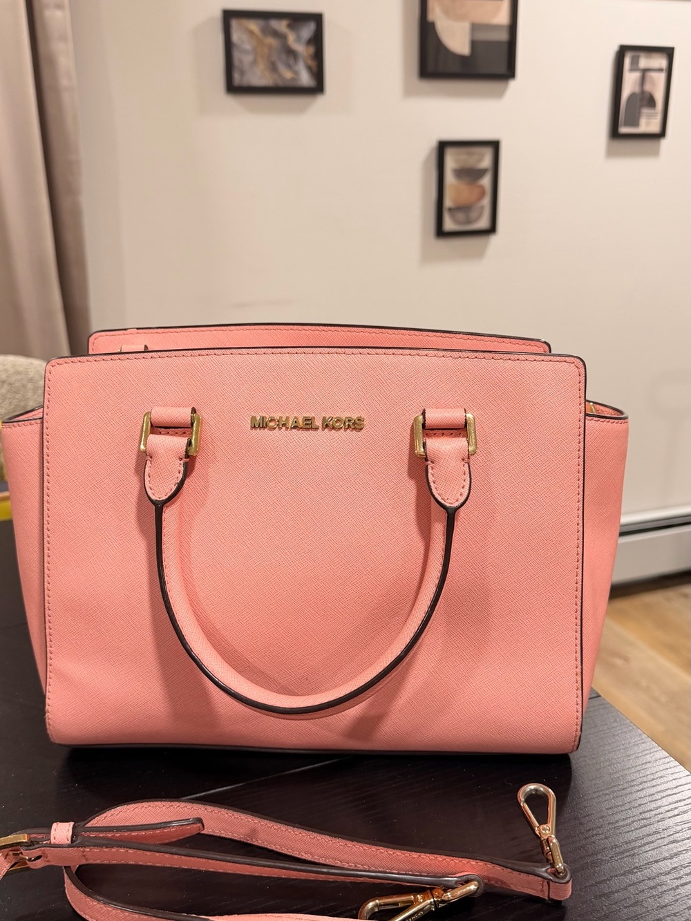 Michael Kors Coral Pink Saffiano Leather Satchel with Gold Hardware